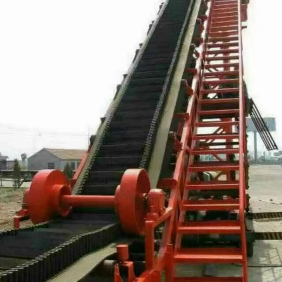 Inclined red-frame belt conveyor with access ladder